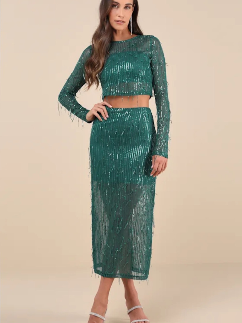 NEW Lulus Greatest Sparkle Emerald Sequin Fringe Midi Skirt - Women Sz Medium